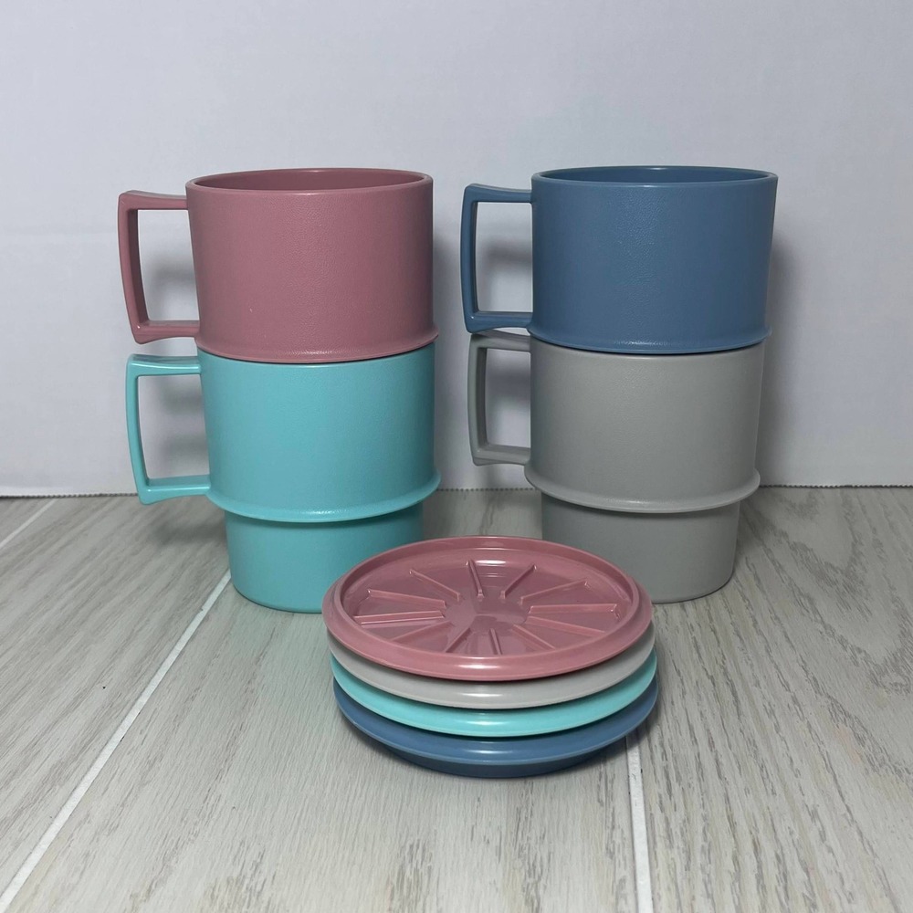 Tupperware Stacking Mugs 1312 Multicolor Vintage Plastic Cups Coasters set 4